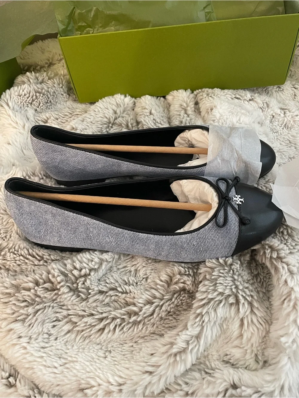 Tory Burch Black Cap Toe and Gray Textile Ballet Flats